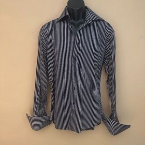 Debe Black Gray Striped French Cuff Shirt Medium 15-15.5 neck Gently worn